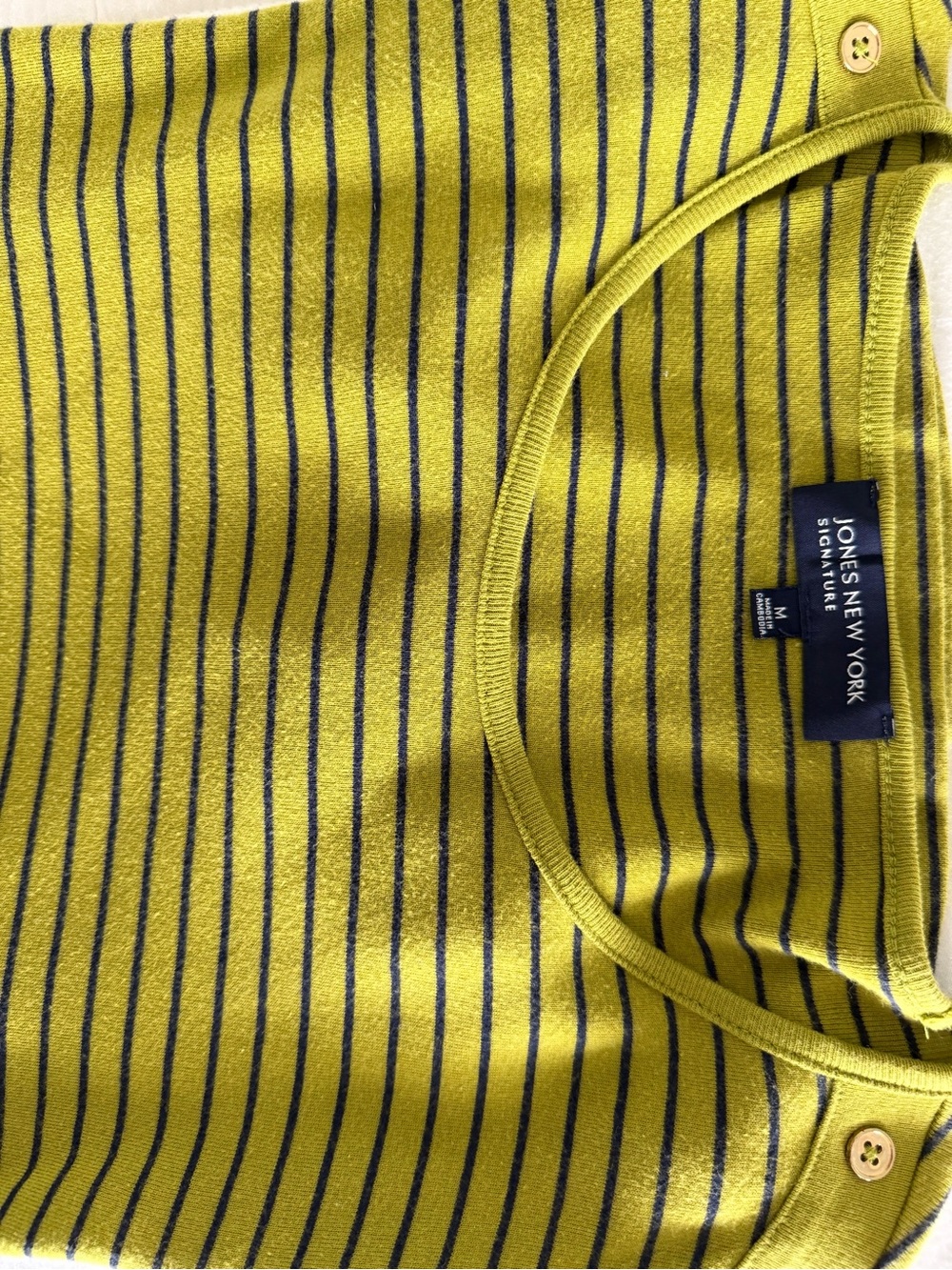 Jones New York Signature Yellow Green Crewneck Top with Navy Stripes